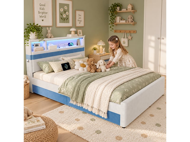  Lit rembourré 140x200 cm - éclairage led - grand rangement - 4 tiroirs - velours - structure fonctionnelle - design moderne - gain de place - gris CozyNest - Conforama C