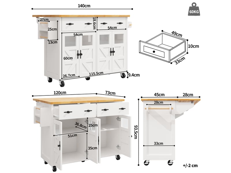  Desserte de cuisine blanche 140x73x93,5 cm à plateau extensible  - Conforama C