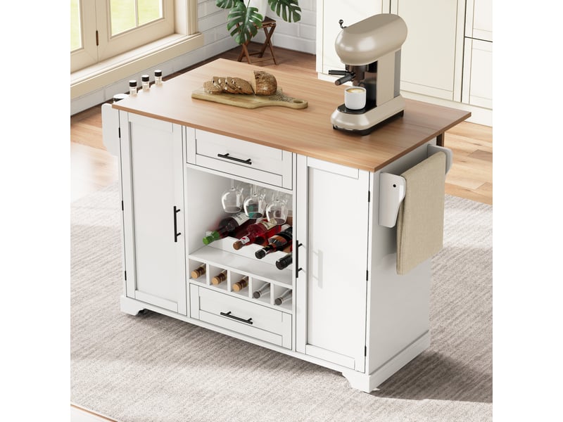 Desserte de cuisine 138x70x92 cm avec plan rabattable, rangements, blanc naturel - Conforama E