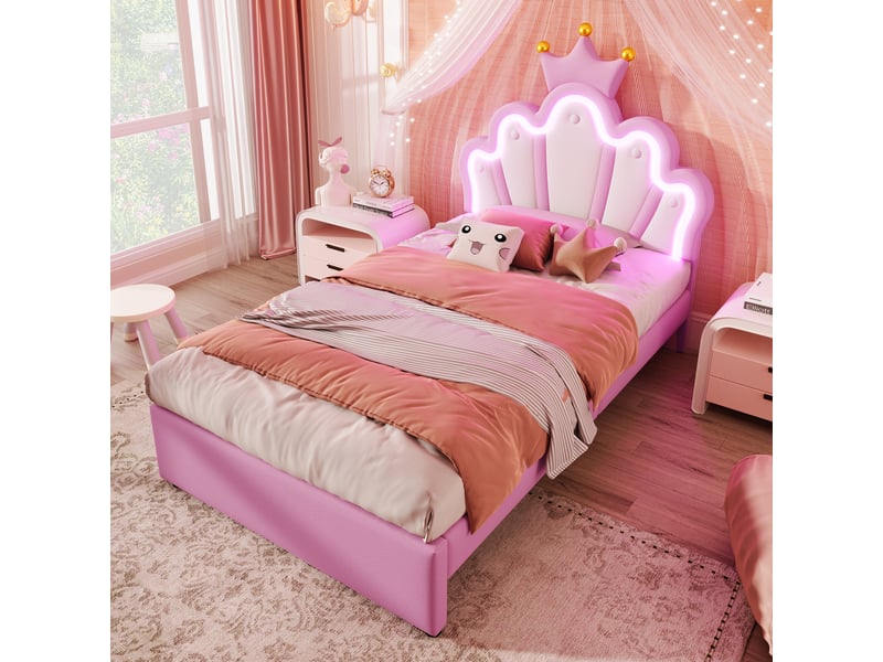  Lit rembourré rose 90x200 cm style princesse avec led, 2 tiroirs et tête réglable  - Conforama B