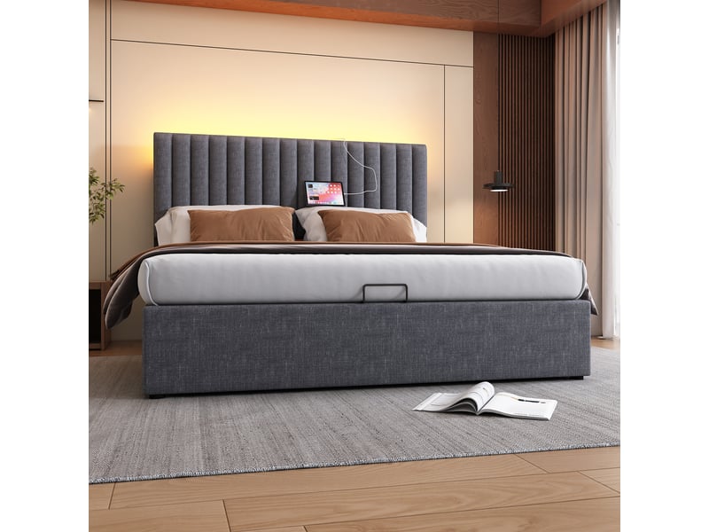 Lit avec rangement en lin gris 160 x 200 cm - Conforama D