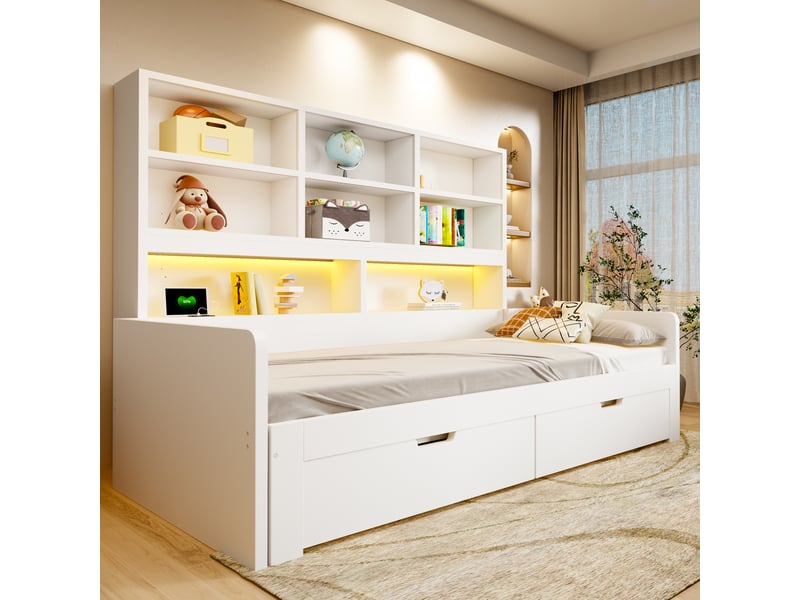 Canapé-lit en bois 180 x 200 cm - avec lit gigogne - avec lumière led - avec prise électrique - avec 2 tiroirs - blanc (matelas non inclus) - Conforama E