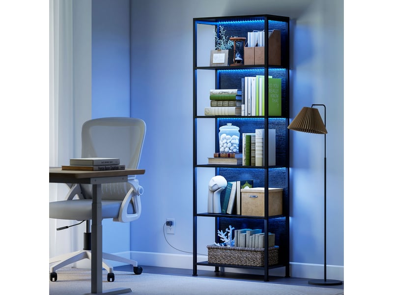  Bibliothèque à 5 niveaux avec éclairage led 7 couleurs, style industriel, 60 x 30 x 179 cm, noire  - Conforama C
