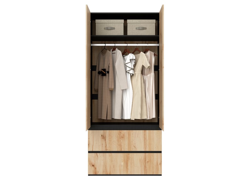  Armoire moderne avec 1 barre de penderie, 2 tiroirs et 2 portes, 90 x 50 x 200 cm, naturel  - Conforama E