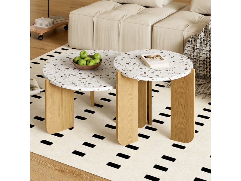  Tables basses 70x70x35 et 50x50x45,5 cm, lot de 2 tables rondes, plateaux à motifs et pieds panneaux, mdf, blanc et bois ABC - Conforama D