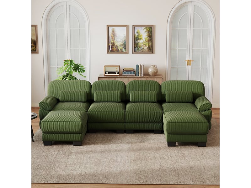  Canapé d’angle 4 places en u moderne, 2 poufs, construction à cadre, assise vaste et profonde, velours côtelé doux, 336 × 161 × 94 cm, vert  - Conforama D