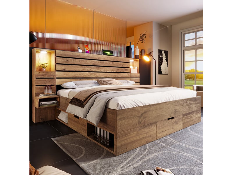 Lit double 180x200 cm avec éclairage led, usb-c, rangement et tables de chevet suspendues - Conforama E