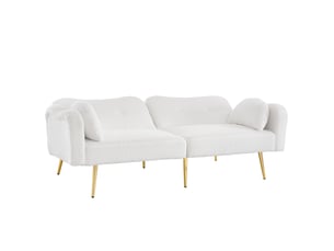 Canapé convertible 2 places design moderne, canapé tissu bouclette blanc avec dossier inclinable 3 positions et pieds en métal doré.