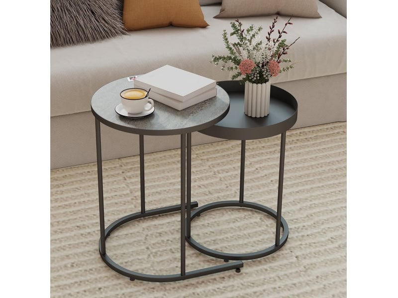 Lot de 2 tables basses gigognes rondes grises en mdf et métal  - Conforama B