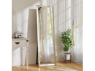 Miroir simple avec support rabattable, pose au sol ou murale, cadre texturé aspect métal, plastique doré, 50 × 160 cm
