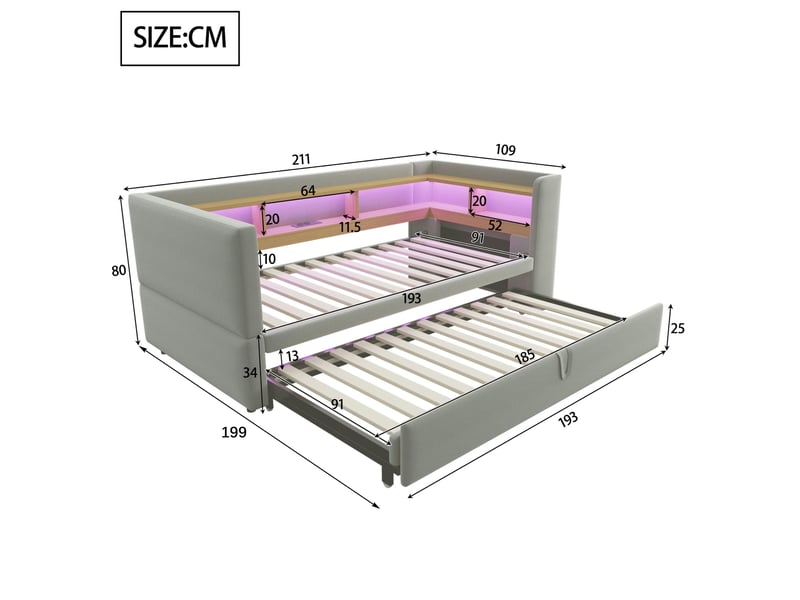 Lit banquette 90180x190 cm – gris clair – gigogne, led, prises et rangements intégrés – sans matelas - Conforama C