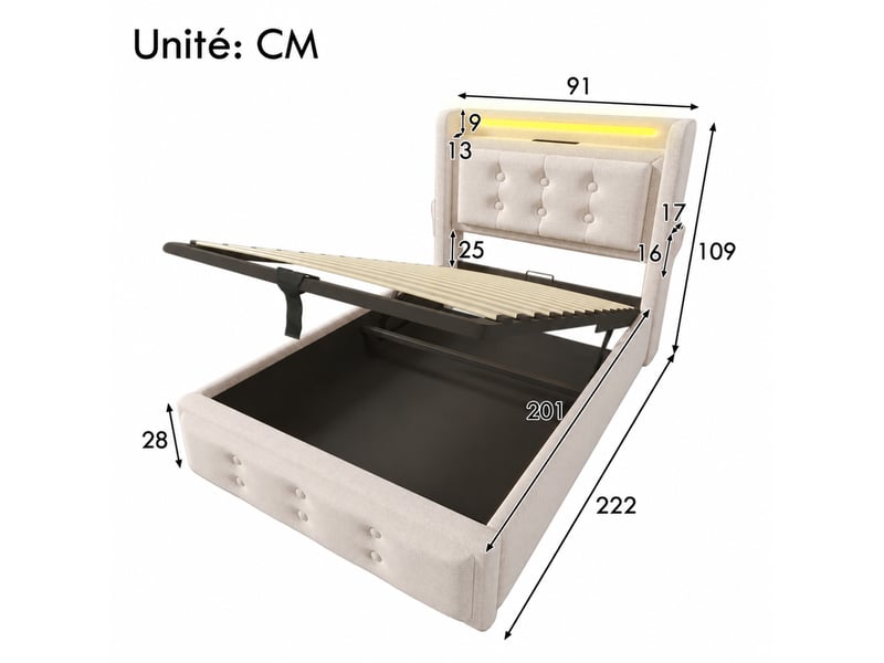  Lit coffre simple 90x200 cm en tissu beige avec led, prises, usb et rangement, sans matelas  - Conforama D