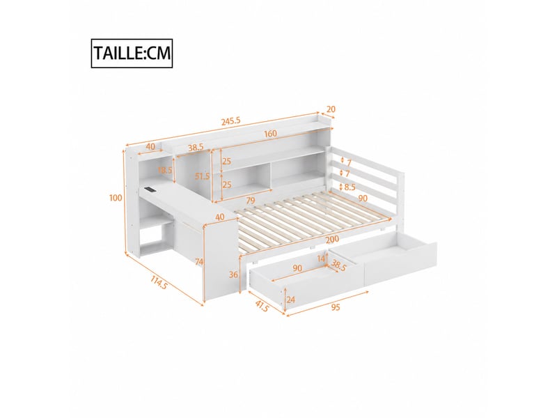  Lit banquette 90x200 cm en bois, lit simple avec bureau, 2 tiroirs, étagères et usb, matelas non précisé, blanc  - Conforama D