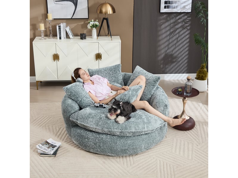 Canapé lounge xxl 1 place 190,5x138x63 cm, chaise longue ronde en polyester, assise profonde en mousse haute densité, coussins, sans montage, bleu - Conforama C