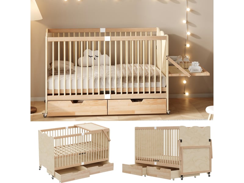  Lit bébé 70 × 140 cm avec 2 tiroirs, sommier réglable, 4 roulettes verrouillables et table à langer en bois de pin  - Conforama E