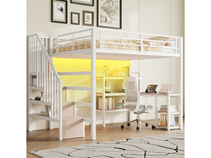  Lit mezzanine double 140×200 cm avec bureau, led, usb et étagères - okmyhome- blanc, sans matelas  - Conforama B
