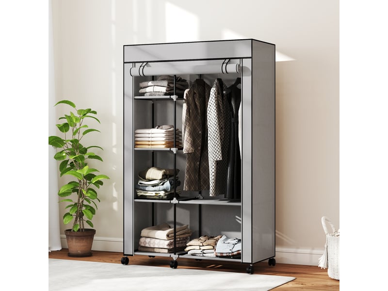  Armoire penderie en tissu meuble de rangement 6 roulettes tringle à vêtements et étagères ouvertes 103x43x162,5cm gris  - Conforama C