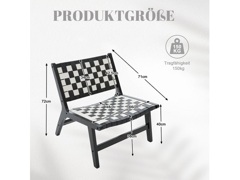  Fauteuil sans accoudoirs tressé à motif damier, assise basse compacte pour salon, en bois et pu noir  - Conforama D