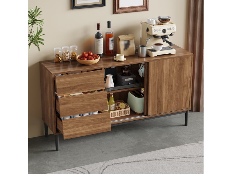 Buffet bas 150x40x80 cm en mdf coloris noyer avec 3 tiroirs et 2 portes coulissantes - Conforama B