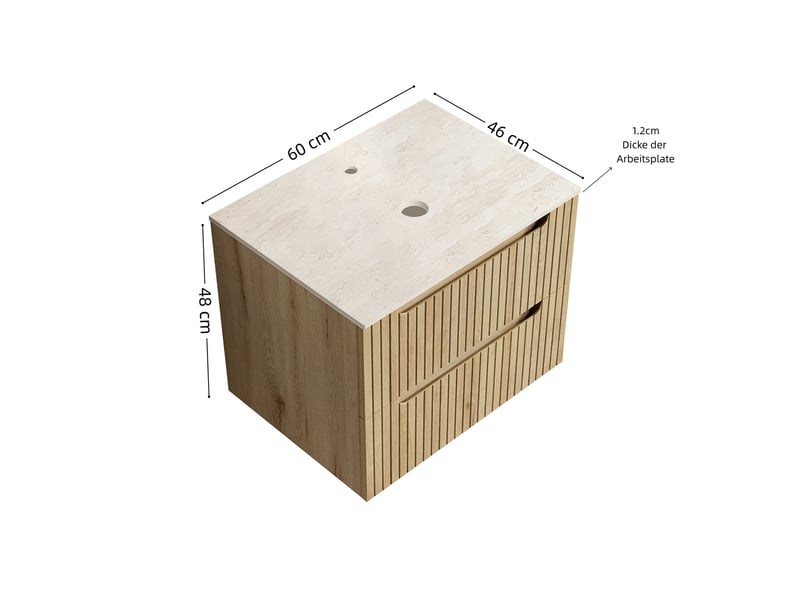  Meuble sous vasque moderne avec plateau en pierre frittée effet travertin pour salle de bain, en contreplaqué, chêne clair  - Conforama D