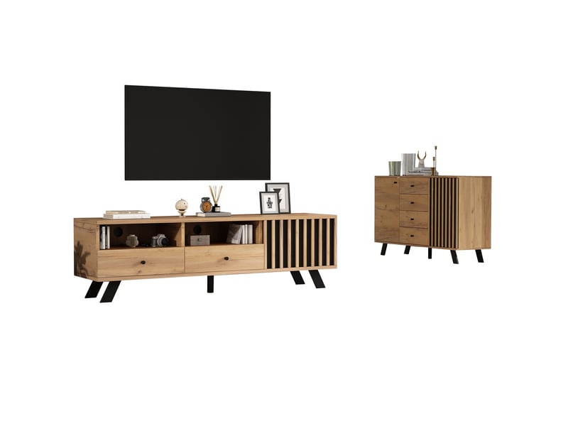  Meuble tv 150x38x44 cm, 2 tiroirs et 1 placard, téléviseur jusqu'à 60 pouces, panneau particules, bois naturel et noir  - Conforama A
