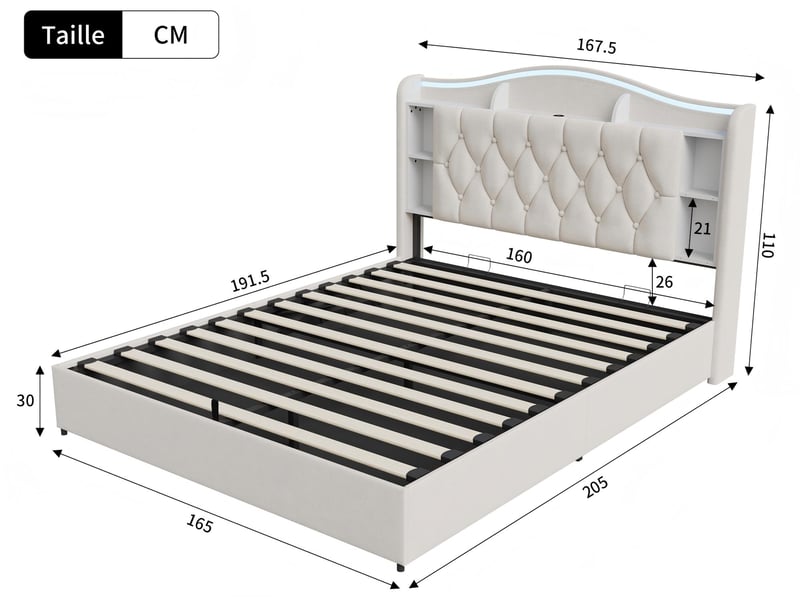  Lit coffre rembourré 160x190 cm - velours - avec éclairage led et port usb - tête de lit avec rangement  - Conforama C