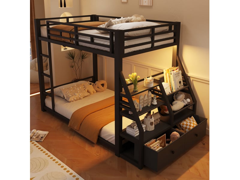  Lit superposé 2 couchages 90x200 cm led, 2 tiroirs tissu, rangements, structure sécurisée métal, noir sans matelas  - Conforama B