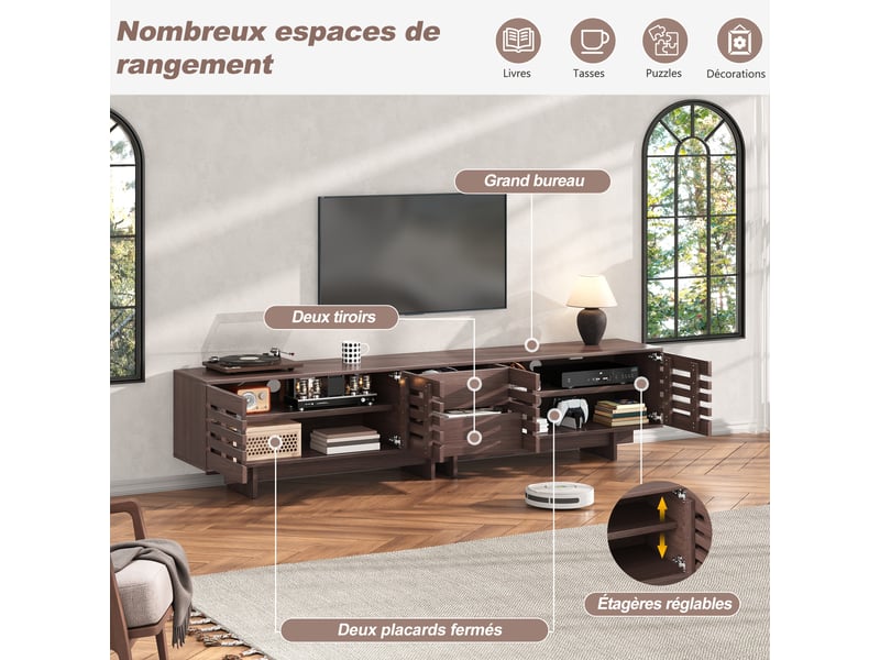  Meuble tv de salon, 200x39.5x55 cm, armoire tv avec 4 portes, 2 tiroir, meuble de rangement, meuble tv moderne, couleur noyer  - Conforama D