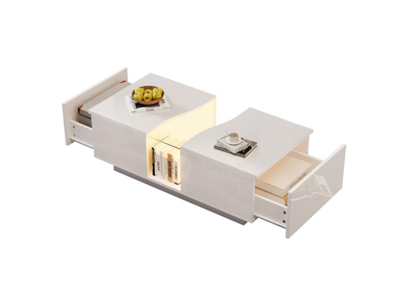 Table basse led moderne 2 tiroirs – mdf blanc brillant, plateau acrylique – 100x50x35 cm – salon ou chambre - Conforama A