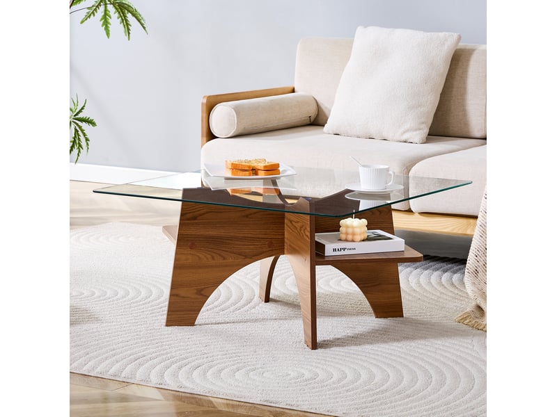  Table basse carrée 80x80x40 cm en mdf et verre de sécurité, finition noyer  - Conforama C