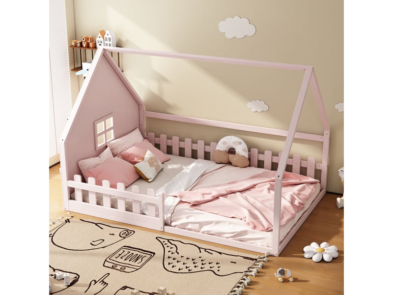 Lit cabane enfant 140x200, lit enfant rose en bois de pin, cadre de lit avec barrière de sécurité, design maison, 140x200 cm - Conforama E