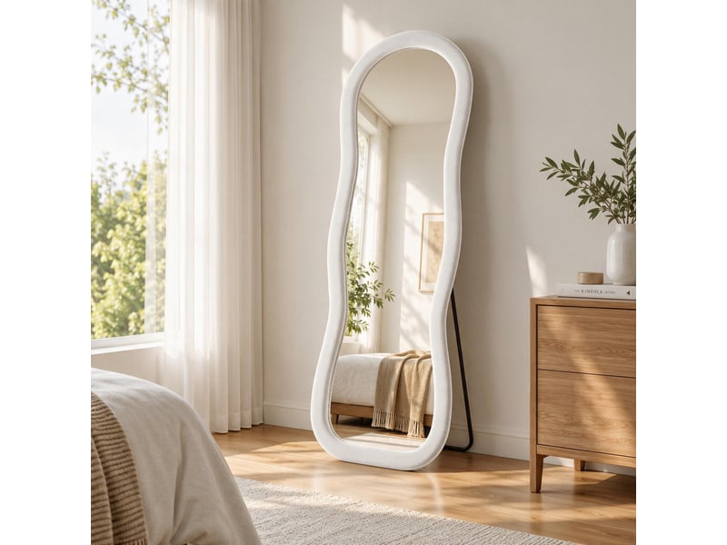  Miroir de sol ondulé 160x50 cm, cadre velours doux style scandinave, pour chambre et salon, avec pied u, verre trempé sécurisé, blanc  - Conforama C