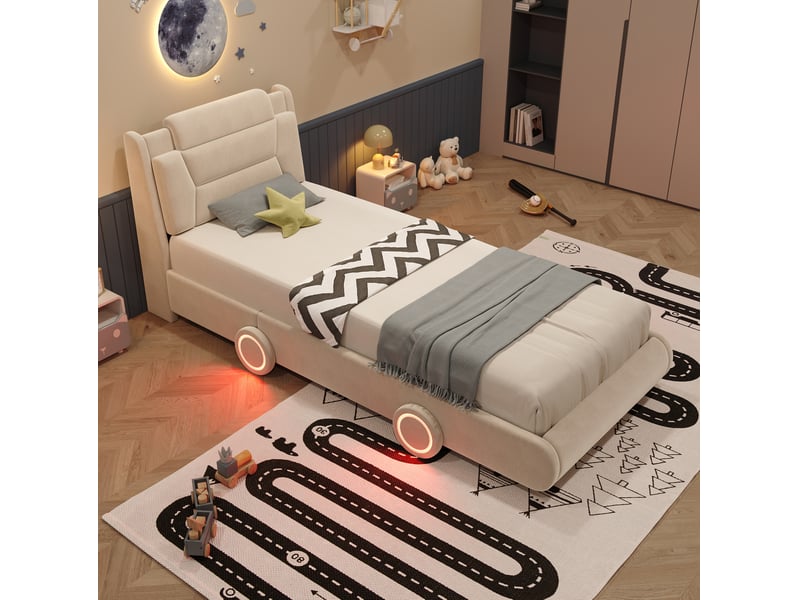  Lit enfant rembourré modenvie voiture 90 x 200 cm en flanelle crème avec tête de lit réglable  - Conforama B