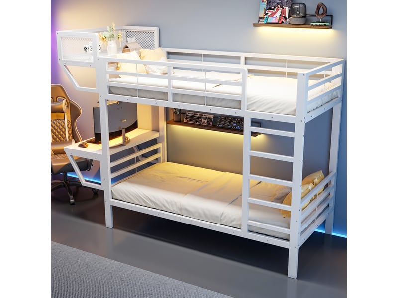  Lit superposé 90x200 cm avec bureau et étagères, structure en métal blanc  - Conforama D