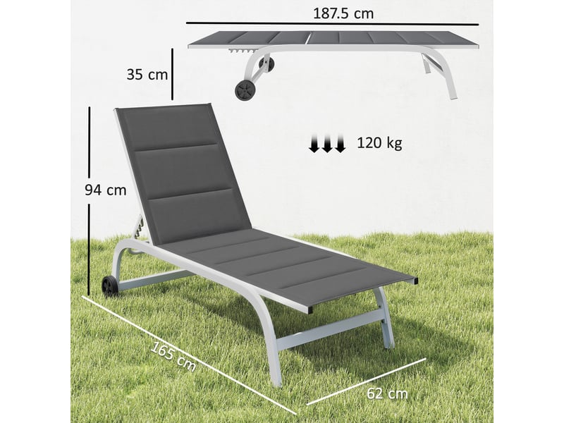  Transat de jardin à roulettes, en textline avec structure en aluminium, gris foncé et blanc  - Conforama D