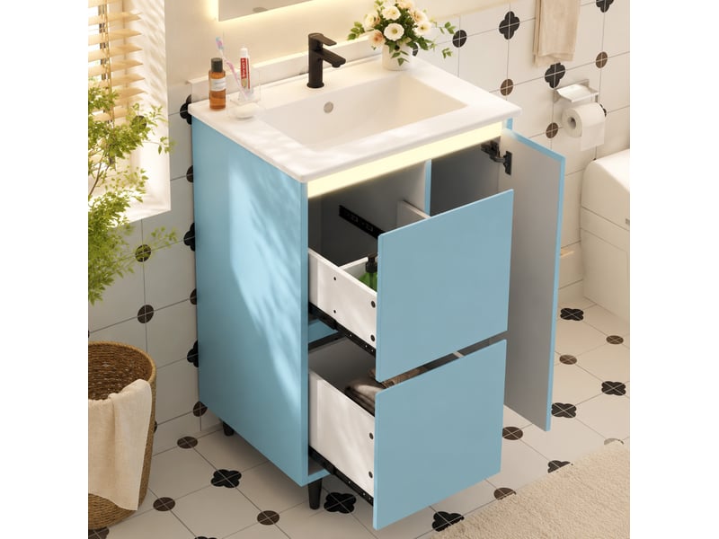  Meuble vasque sur pied 61x46,5x87 cm avec 2 tiroirs coloris bleu  - Conforama E