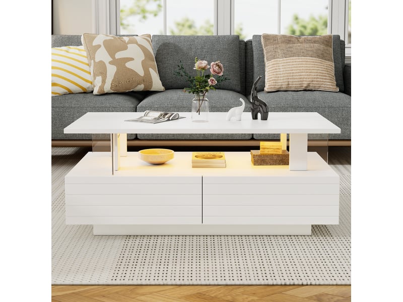  Table basse led blanche 100 x 50 cm avec 2 tiroirs, en panneaux de particules  - Conforama D