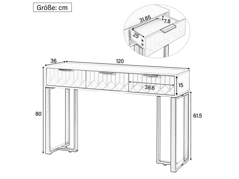 Console avec tiroirs, structure en métal doré, pieds réglables et poignées élégantes pour salon, entrée et bureau - Conforama D