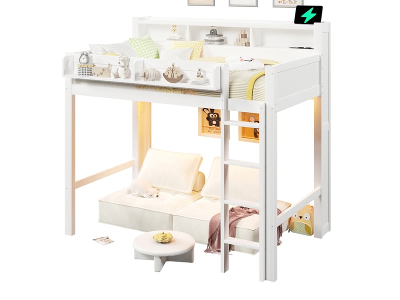  Lit mezzanine enfant 90x200 cm avec led et étagères, lit simple avec aire de jeux dous le lit et port usb, en bois blanc Bubbly - Conforama A
