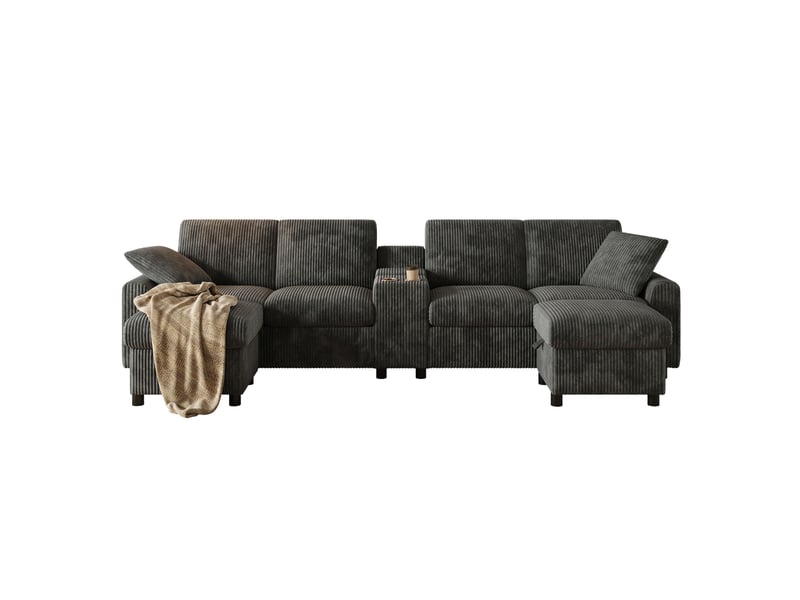  Canapé panoramique en velours côtelé gris avec 2 poufs de rangement et table basse  - Conforama A
