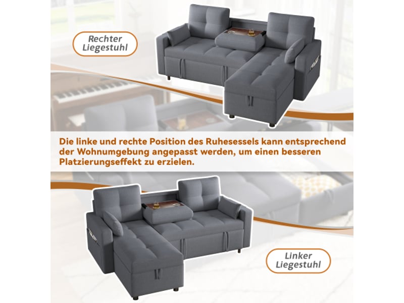  Canapé d'angle réversible convertible 3 pl lin gris coffre de rangement canapé d'angle gris - Conforama E