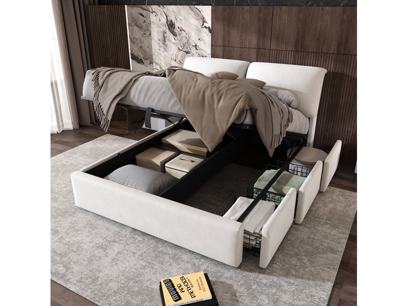  Lit coffre 140 x 200 cm en velours beige avec 3 tiroirs et tête de lit réglable  - Conforama D