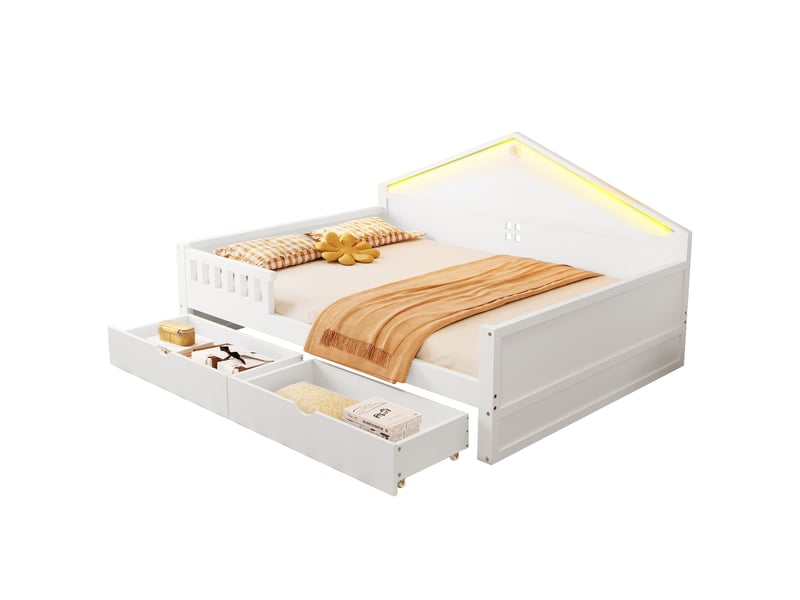  Lit enfant 140x200 cm blanc avec bandeau led contrôlable, 2 tiroirs et sommier à lattes inclus  - Conforama A
