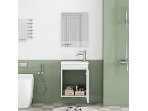 Meuble sous vasque mural avec 1 porte, vasque en céramique et miroir sans poignée, blanc brillant pour salle de bain