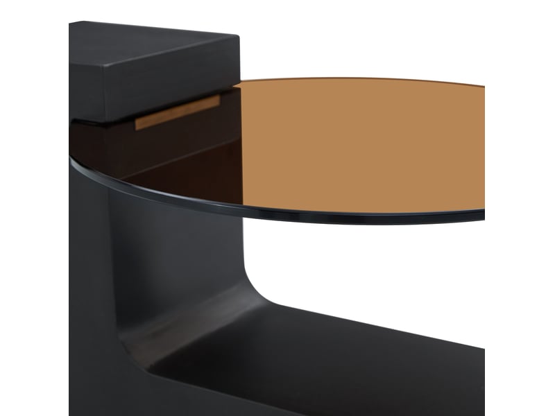  Table basse ronde à 2 niveaux avec plateau en verre transparent et pieds en l modulables, pour salon, noir et bois  - Conforama E