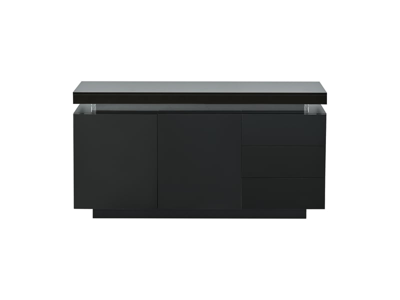  Buffet noir brillant 140x35x73 cm, 2 portes, 3 tiroirs, éclairage led intégré, design sans poignée  - Conforama A