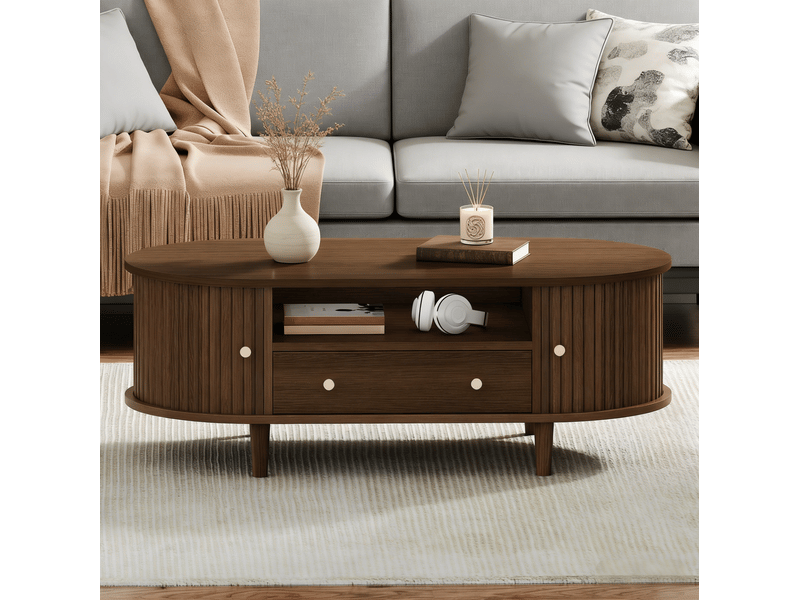  Table basse ovale avec 1 tiroir, niche ouverte et porte coulissante pour salon en mdf couleur bois de noyer  - Conforama B