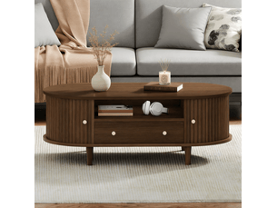 Table basse ovale avec 1 tiroir, niche ouverte et porte coulissante pour salon en mdf couleur bois de noyer