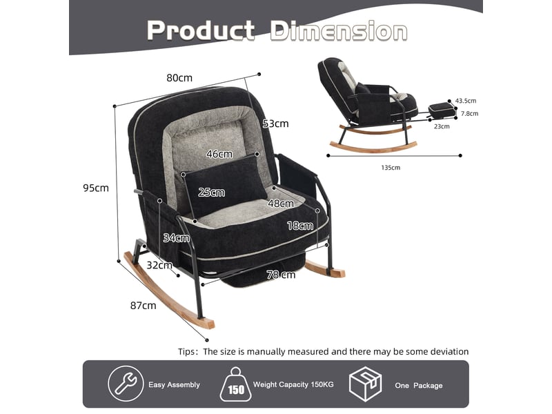 Fauteuil à bascule - 80x87x95 cm - fauteuil à basse moderne avec repose-pieds et dossier réglable - noir - Conforama E