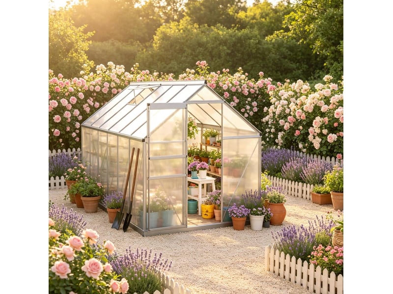  Serre de jardin accessible en aluminium et polycarbonate 4 mm, 7,1 m², porte coulissante et aération réglable  - Conforama E